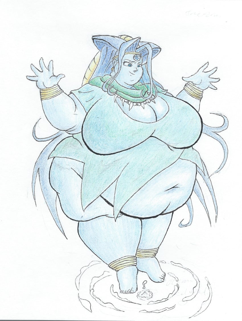 barefoot bbw big_belly blue_hair blue_skin chubby cleavage dilios999 dragon_ball dragon_ball_gt earrings evil_dragon fat female floating green_dress huge_breasts jewelry liu_xing_long long_hair navel obese oceanus_shenron tagme traditional_art