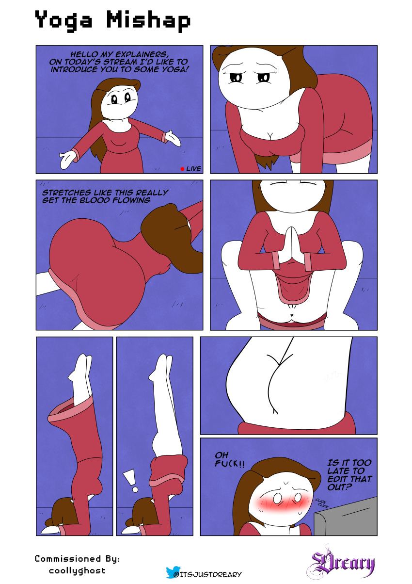 1girls accidental_exposure bottomless clothing comic dreary edit english_text exposed_anus exposed_pussy female female_only let_me_explain_studios no_underwear panties rebecca_parham simple_background solo somebodyendme18 text yoga yoga_poses youtube