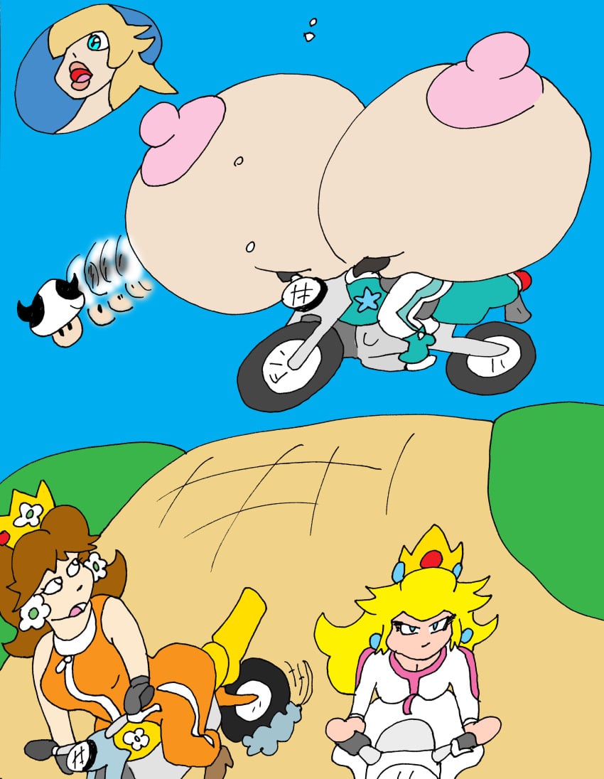 blonde_hair breast_expansion breasts brown_hair crown female_only gigantic_breasts hyper hyper_breasts letherhands69 mario_(series) mario_kart medium_breasts motorcycle nintendo nipples princess_daisy princess_peach princess_rosalina surprised