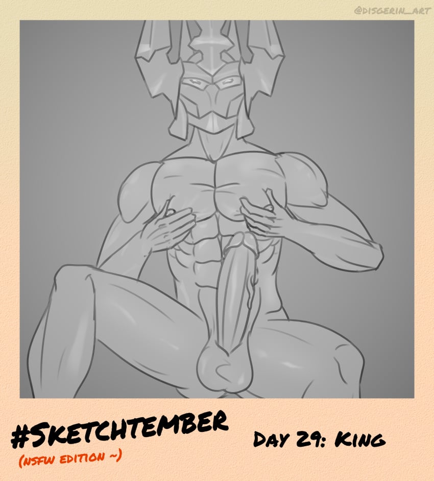 1boy abs balls big_penis breast_grab breast_hold disgerin helmet highres human human_only king_of_clubs king_of_clubs_mordekaiser league_of_legends male male_only mordekaiser muscles muscular muscular_male nipples penis pupilless_eyes sketch solo storybook_series tagme