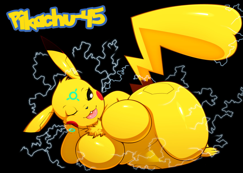 1girls big_breasts breasts english_text female lips looking_at_viewer mouse nintendo nude pikachu pinup pokemon solo tagme thick_lips walter_sache wink