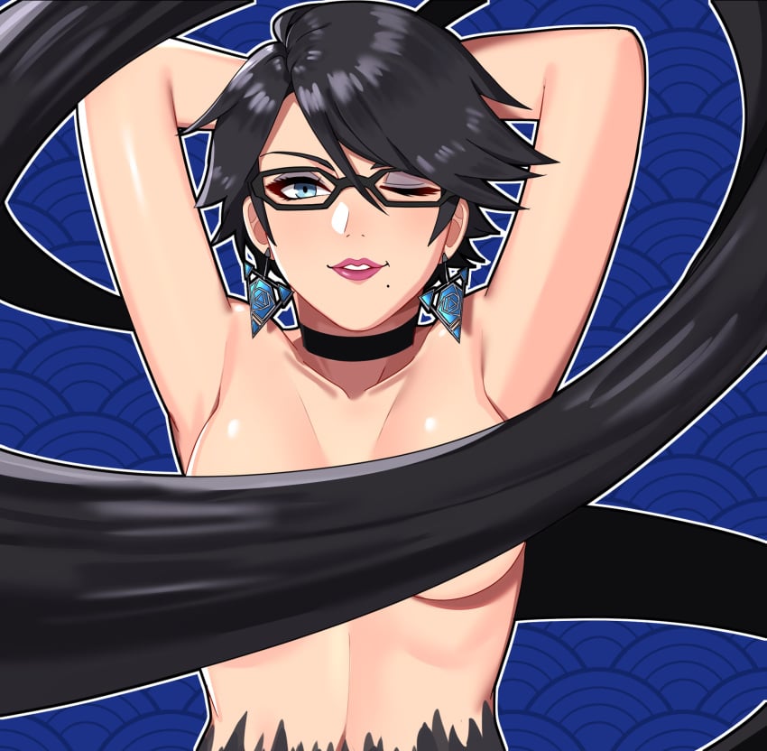 1girls armpits arms_up bayonetta bayonetta_(character) bayonetta_2 breasts convenient_censoring female glasses hair_censor looking_at_viewer nude sarukaiwolf smile solo super_smash_bros. tagme topless wink winking