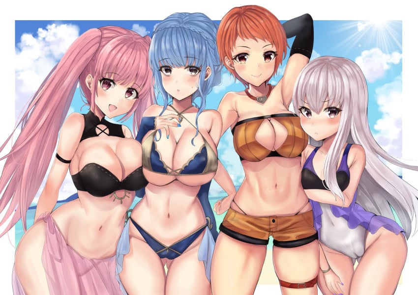 4girls adapted_costume alternate_costume ass_visible_through_thighs bikini blue_hair blue_sky braid breasts brown_eyes cameltoe cleavage cloud crown_braid day female female_only fire_emblem fire_emblem:_three_houses highres hilda_valentine_goneril human large_breasts leonie_pinelli long_hair lysithea_von_ordelia marianne_von_edmund multiple_girls nail_polish nintendo one-piece_swimsuit open_mouth orange_eyes orange_hair outdoors pink_eyes pink_hair sarong short_hair sky smile swimsuit thigh_strap twintails white_hair yui_(msy1302mana)