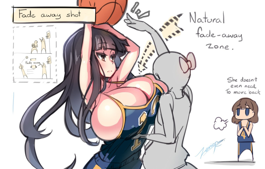 anon arrow basketball basketball_(ball) basketball_uniform black_hair bow breasts breasts breasts brown_hair english_text female kanihamiso large_breasts text zerion