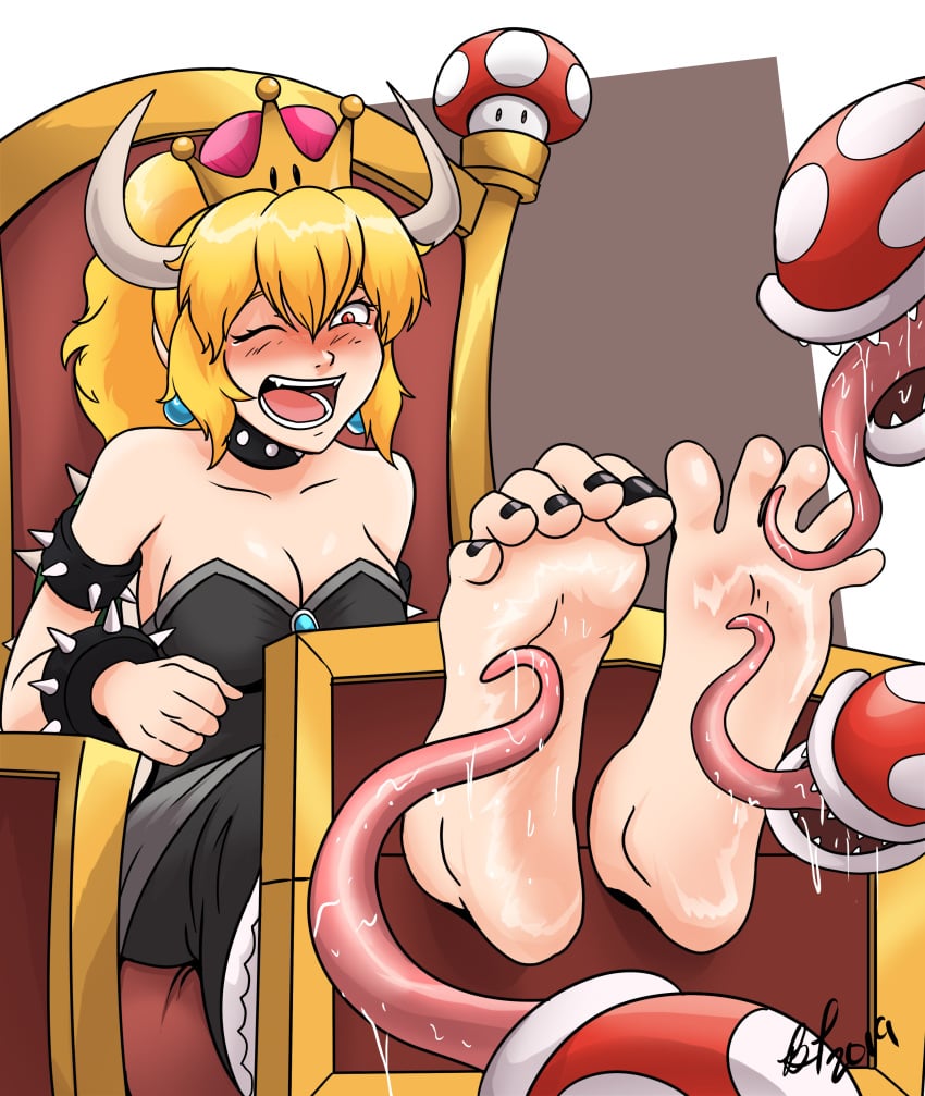 bad_pierrot bondage bowsette crown feet foot_fetish foot_focus foot_lick mario_(series) new_super_mario_bros._u_deluxe one_eye_closed piranha_plant soles stocks super_mario_bros. tearing_up throne tickle_torture tickling