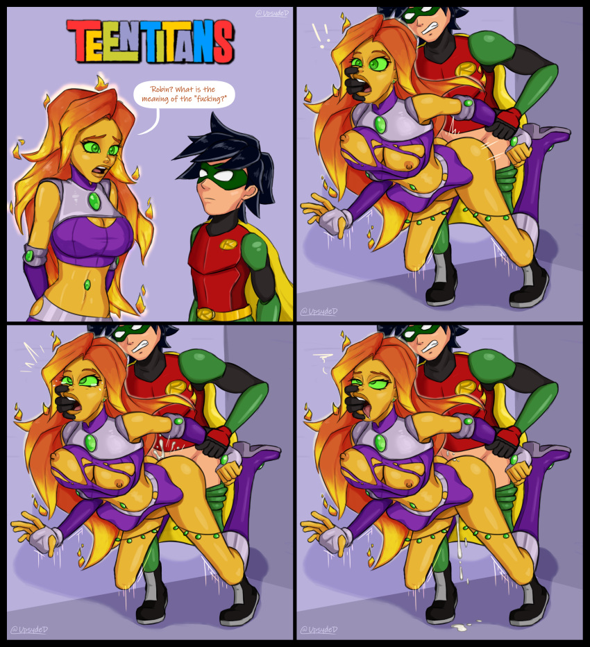 1boy 1girls 4koma ahe_gao alien alien_girl ass athletic athletic_female batman_(series) big_breasts big_lips boots bottomless breasts breasts_out bubble_butt busty cape comic crop_top cum cum_drip cum_in_pussy cum_inside cum_puddle dc dc_comics dick_grayson doggy_style erect_nipples finger_in_mouth fingers_in_mouth flying from_behind from_behind_position green_eyes hanging_breasts human koriand'r large_breasts levitation long_hair male miniskirt navel navel_piercing nipple_bulge nipples orange_skin orgasm orgasm_face questionable_consent red_hair ripped_clothing robin_(dc) robin_(dick_grayson) skirt speech_bubble starfire tagme teen_titans thick_lips thick_thighs torn_clothes torn_clothing upskirt upsydedowne wide_hips