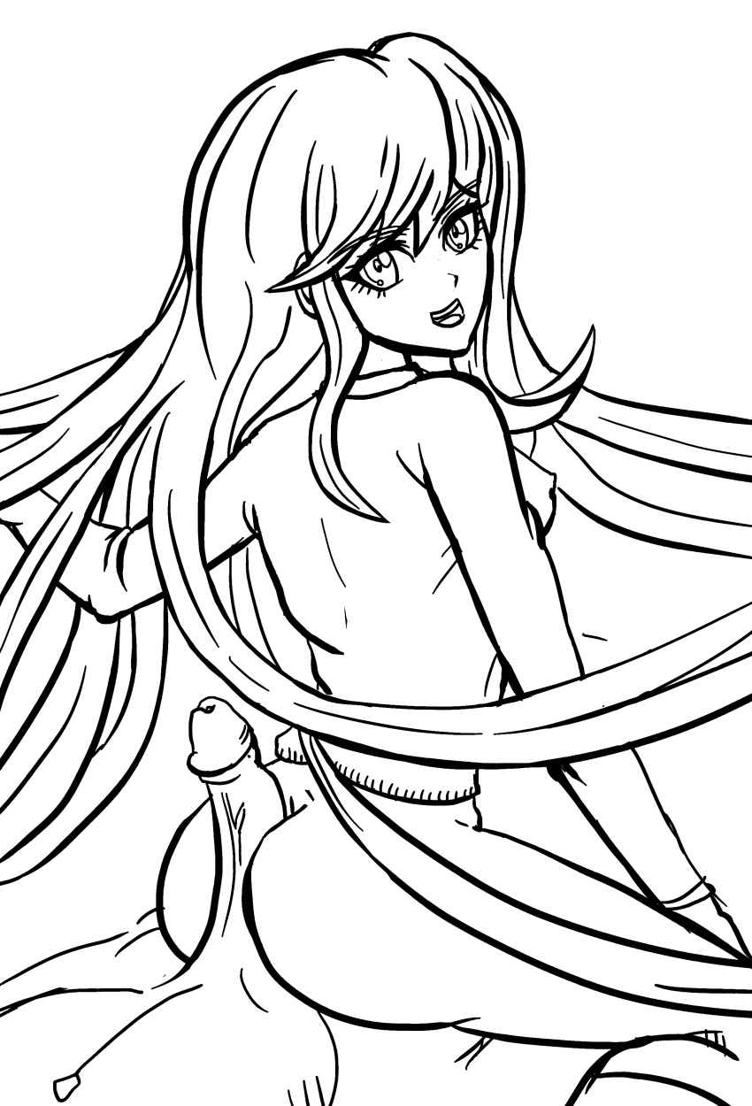 ass assjob big_ass big_breasts big_penis black_and_white breasts buttjob danganronpa danganronpa_zero erection half-dressed line_art looking_back penis ryoko_otonashi smooth_skin