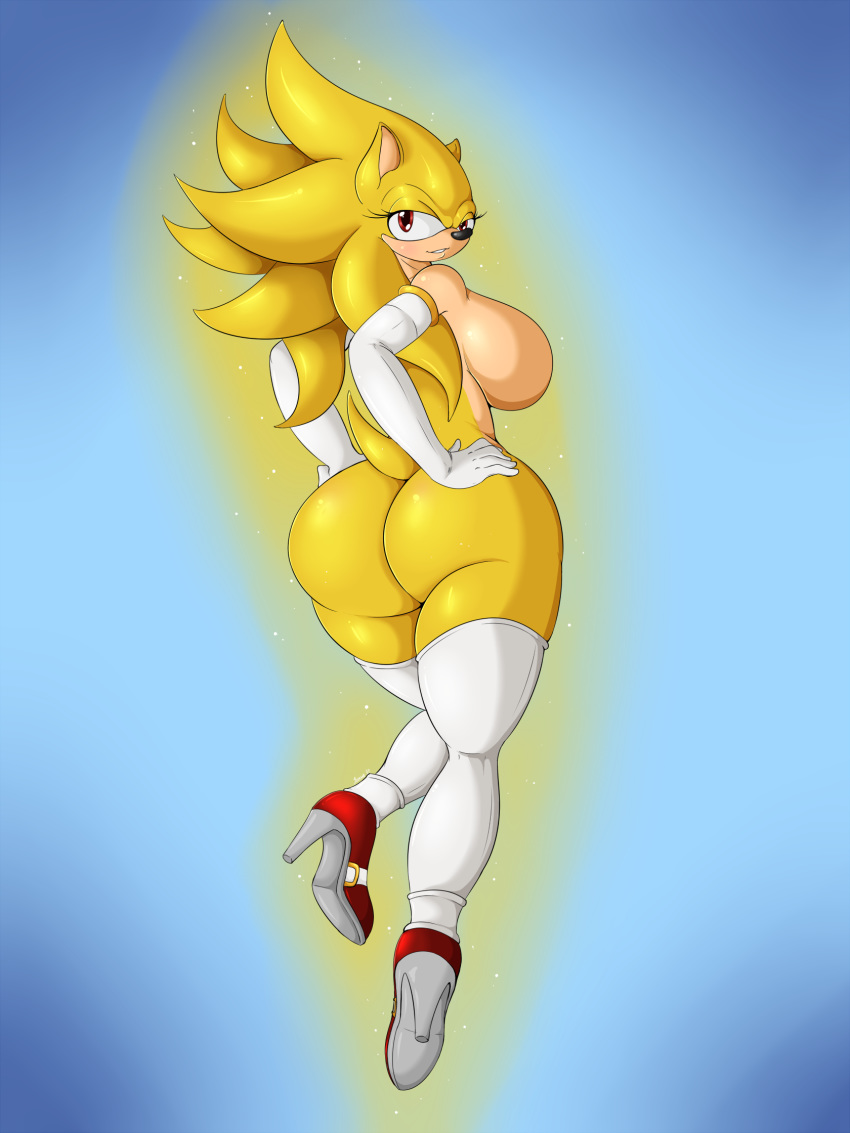 1girls 2017 anthro armwear ass big_ass big_breasts breasts casual clothing exposed_torso female female_only footwear furry genderswap_(mtf) handwear hedgehog heels high_heels high_socks hips legwear looking_at_viewer looking_back mostly_nude red_eyes rule_63 sega solo sonic_(series) sonic_team sonic_the_hedgehog sonic_the_hedgehog_(series) sonic_the_hedgehog_2 suirano super_sonic thick_thighs thighs yellow_fur