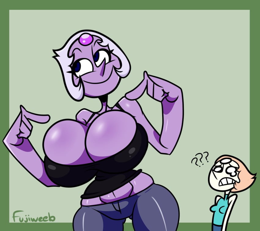 2020 2girls 3_fingers ??? absurd_res alien alien_girl alien_humanoid amethyst_(steven_universe) artist_name ass_visible_through_thighs big_breasts black_tank_top blue_eyes blue_pants breast_envy breast_size_difference bursting_breasts cartoon_network cleavage cleavage_overflow clothed clothed_female clothes clothing crying crying_with_eyes_open curvy curvy_body curvy_female curvy_figure curvy_hips digital_media_(artwork) eyebrows fujiweeb gem_(species) green_background grey_hair hi_res huge_breasts humiliation looking_to_the_side orange_hair overflowing_breasts pants pearl_(amethyst_shapeshifting) pearl_(steven_universe) pointing_at_breasts pointing_at_self pointy_nose shapeshifter size_difference smile steven_universe steven_universe_future tank_top text thick_thighs thighs tight tight_clothes tight_clothing tight_pants white_eyes wide_hips yellow_skin