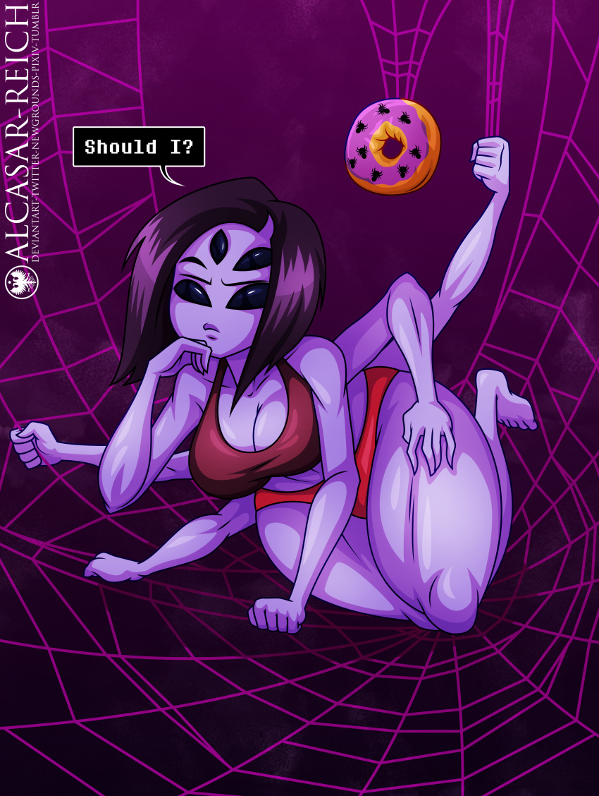 1girls 2020 5_eyes 5_fingers 5_toes 6_arms absurd_res alcasar-reich animal_humanoid anthro arachnid arachnid_humanoid arthropod arthropod_humanoid artist_name big_breasts black_eyes black_hair black_sclera breasts cleavage clothed clothed_female clothes clothing curvy_figure dialogue dialogue_box donut english_text eyebrows female food hair hand_on_face hand_on_leg hand_on_thigh hi_res humanoid milffet monster muffet multi_arm multi_eye multi_limb one_eye_closed panties purple_background purple_body purple_skin red_panties red_tank_top simple_background solo spider spider_humanoid spider_web spider_web_background spider_webs tank_top text text_box thick_legs thick_thighs thighs undertale video_games voluptuous