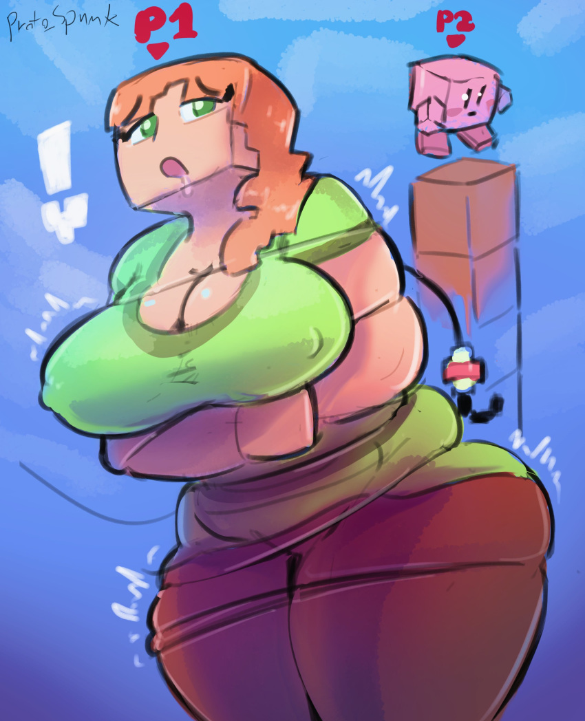 absurd_res alex_(minecraft) big_breasts bondage clothed cube_head drooling fishing_rod green_eyes green_shirt kirby kirby_(series) minecraft proto_spunk red_hair saliva super_smash_bros. super_smash_bros._ultimate thick_thighs tied_up