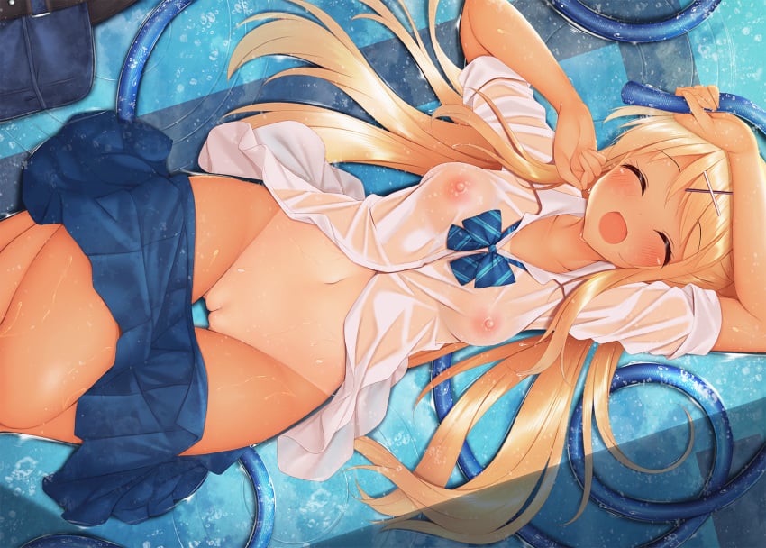 blonde_hair dark_skin kin-iro_mosaic kujou_karen long_hair minato_(ojitan_gozaru) navel nipples no_bra nopan pool pussy school_uniform see_through skirt tan_lines tanline uncensored wet