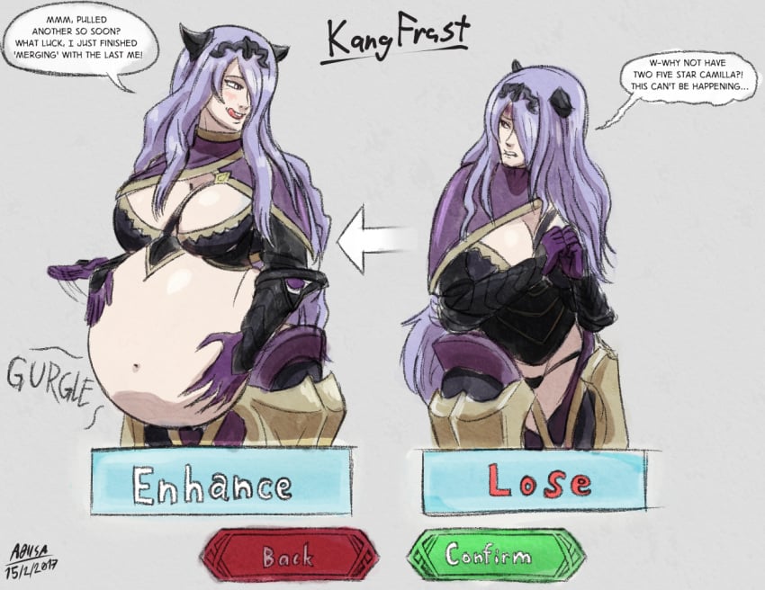 2girls a0iisa absorption_vore big_belly big_breasts blush camilla_(fire_emblem) cleavage clone clothing digestion digestion_noises english_text fire_emblem fire_emblem_fates fire_emblem_heroes huge_belly implied_vore licking_lips long_hair nintendo purple_hair ready_to_pop scared skimpy_armor thong vore