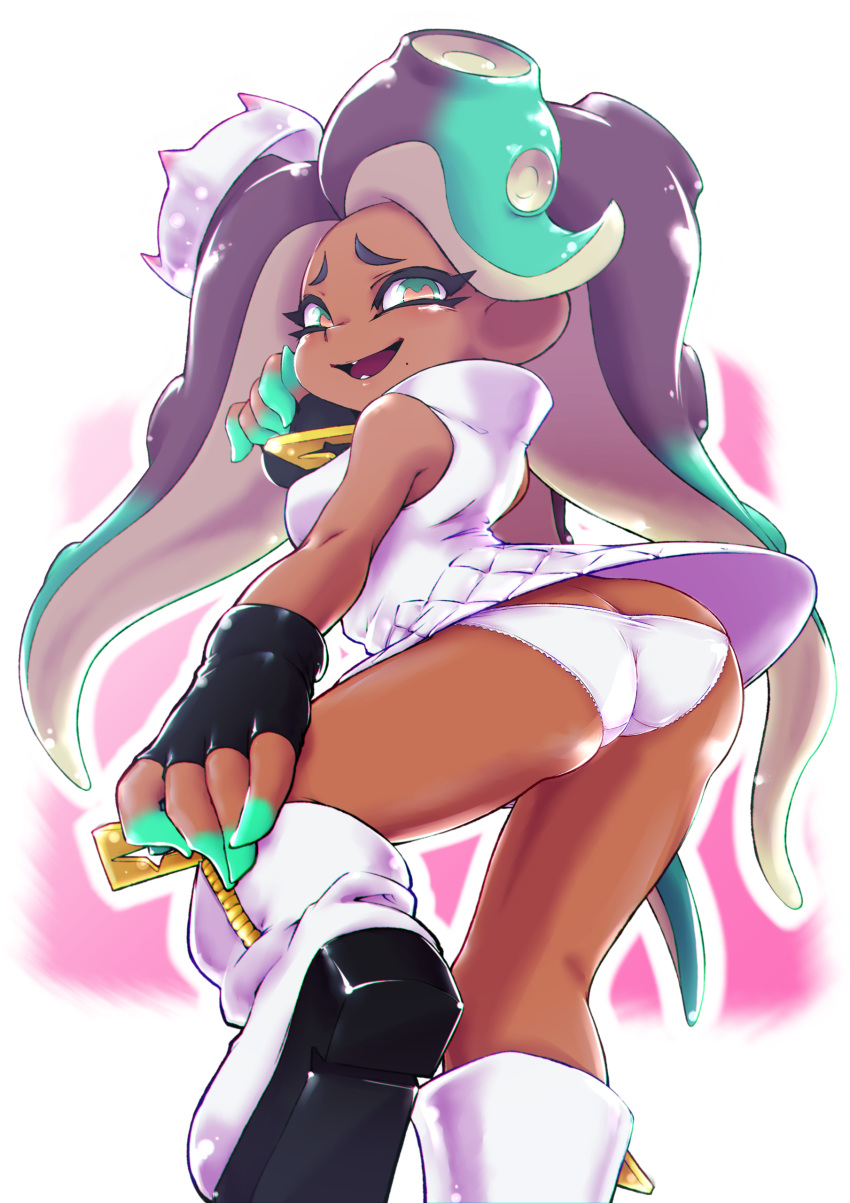 1girls ass ass_focus cosplay dark-skinned_female dark_skin female female_only huge_ass marina_(splatoon) mtk_hoshi multicolored_hair nintendo octoling panchira panties pearl_(splatoon)_(cosplay) solo splatoon splatoon_2 tentacle_hair zipper_boots