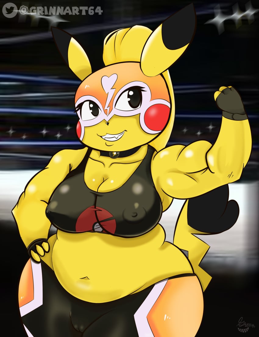 anthro belly black_eyes blonde_hair blurry_background breasts cameltoe choker chubby cosplay_pikachu curvy curvy_figure ears_up fighting_ring flexing furry gloves grinn hand_on_hip heart_tail huge_breasts humanized large_breasts long_eyelashes mask muscular muscular_female navel nintendo pikachu pikachu_libre pokémon_(species) pokemon ponytail pose red_cheeks smile thick_thighs tight_clothing workout_clothes wrestler wrestling_outfit wrestling_ring yellow_fur