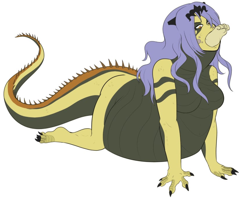 big_breasts camilla_(fire_emblem) claws feet female fire_emblem fire_emblem_fates great_jagras gregole hair_ornament lizard_girl lizard_tail long_hair looking_at_viewer monster_girl monster_hunter monster_hunter_world nintendo purple_hair scales sharp_claws sharp_nails signature swallowed_whole tagme thick thick_thighs unknown_character vore white_background yellow_skin