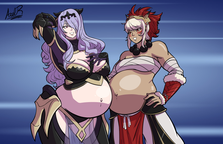 2girls axel-rosered belly_button big_breasts black_armor breasts camilla_(fire_emblem) chocolate_and_vanilla dark_skin female_only fire_emblem fire_emblem_fates hair_ornament hands_over_breasts huge_belly long_hair mask muscles nintendo pants pregnant purple_hair ready_to_pop red_eyes rinkah_(fire_emblem) sarashi short_hair skimpy_armor tagme thong white_hair