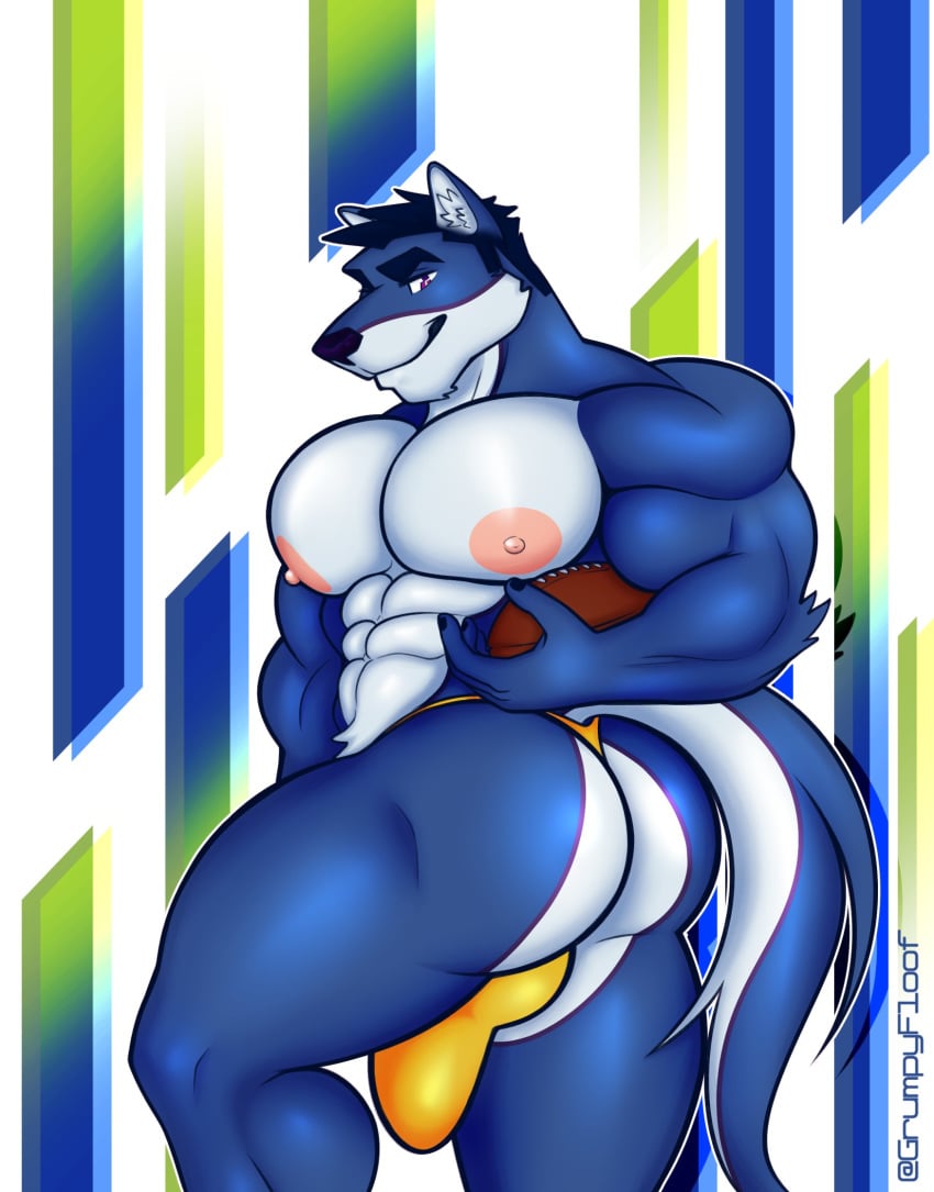 2020 abs abstract_background american_football anthro ass ball barazoku bikini black_hair blue_body blue_fur bulge butt_focus canid canine canis clothed clothing erection erection_under_clothing fur grumpyfloof hair hi_res looking_at_viewer male male_only mammal muscular muscular_anthro muscular_male nipples pecs smile solo sport standing swimwear thong underwear wolf