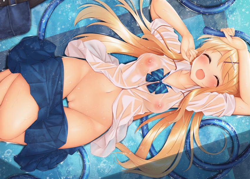 blonde_hair kin-iro_mosaic kujou_karen long_hair minato_(ojitan_gozaru) navel nipples no_bra nopan pool pussy school_uniform see_through skirt uncensored wet