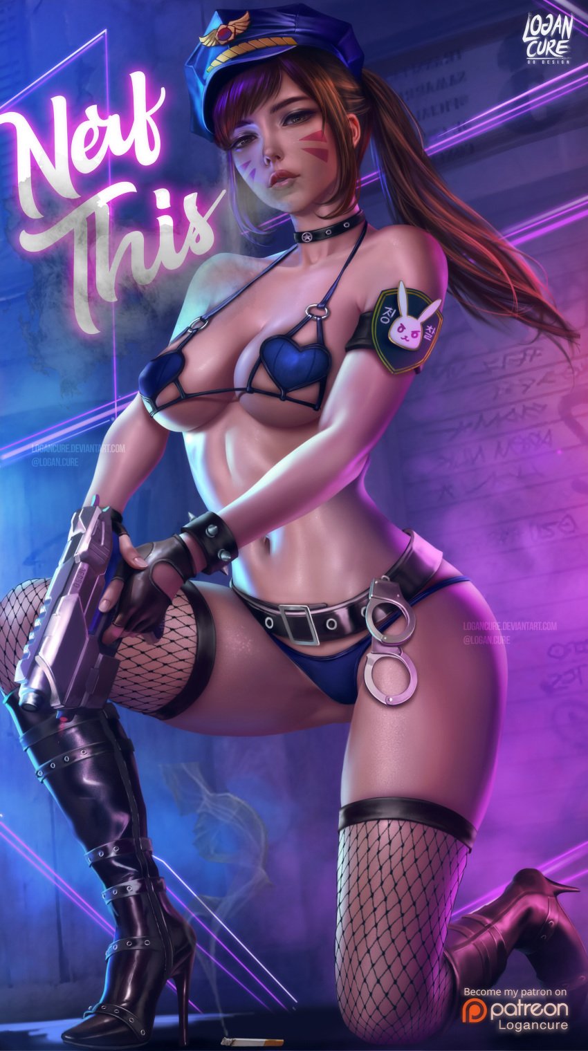 1girls areola areolae asian belt blizzard_entertainment boots bracelet breasts choker clothing collar d.va facial_markings female firearm fishnet fishnet_stockings fishnets footwear gun hana_song handcuffs handgun handwear headgear heart_cutout human knee_boots leather logan_cure long_hair overwatch police police_hat police_officer_d.va policewoman ponytail repost smoking_fetish spiked_bracelet stockings tagme thong uniform video_games weapon