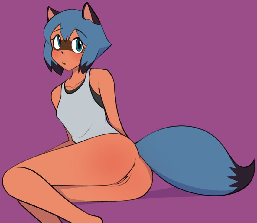 2020 absurd_res anthro anus ass black_body black_fur black_hair blue_body blue_eyes blue_fur blue_hair bottomless brand_new_animal brown_body brown_fur canid canine clothed clothing female female_protagonist fluffy fur genitals hair hi_res mammal michiru_kagemori multicolored_body multicolored_fur multicolored_hair pussy raccoon_dog simple_background sourlemonade studio_trigger tanuki topwear