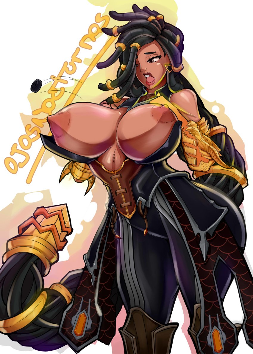 1girls 2d big_breasts black_hair braid braided_hair breasts breasts_apart breasts_out brown_eyes button clothing dark-skinned_female dark_skin dolomite_(artist) dreadlocks erect_nipples female female_only gauntlets greaves hair_ornament imani_(paladins) nipples ojosnocturnos open_mouth paladins popped_button solo thick_thighs thighs wardrobe_malfunction