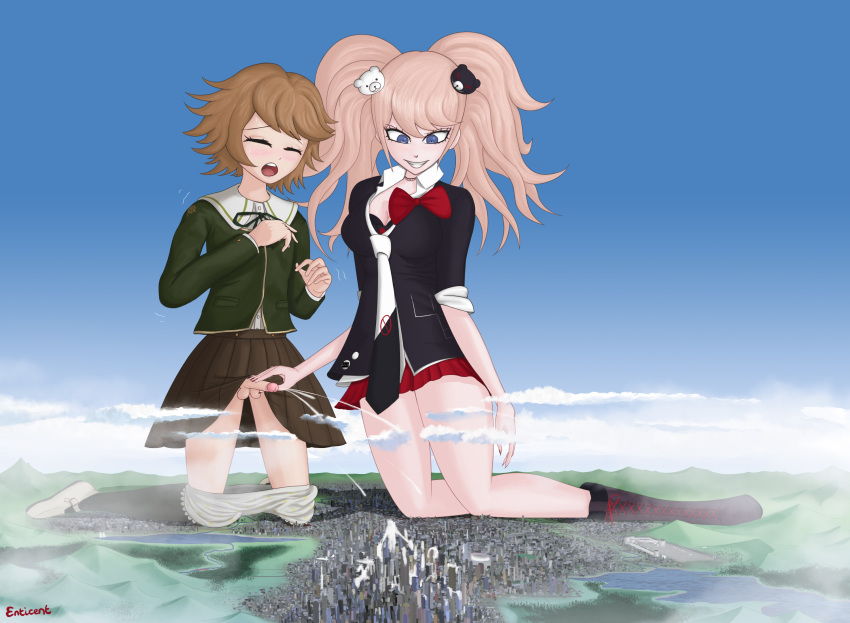 1boy 1girls city cityscape cum danganronpa ejaculation enticent female femboy femboy_on_female femboysub femdom fujisaki_chihiro giant giantess hetero junko_enoshima macro male male/female malesub skirt straight straight_hair teasing