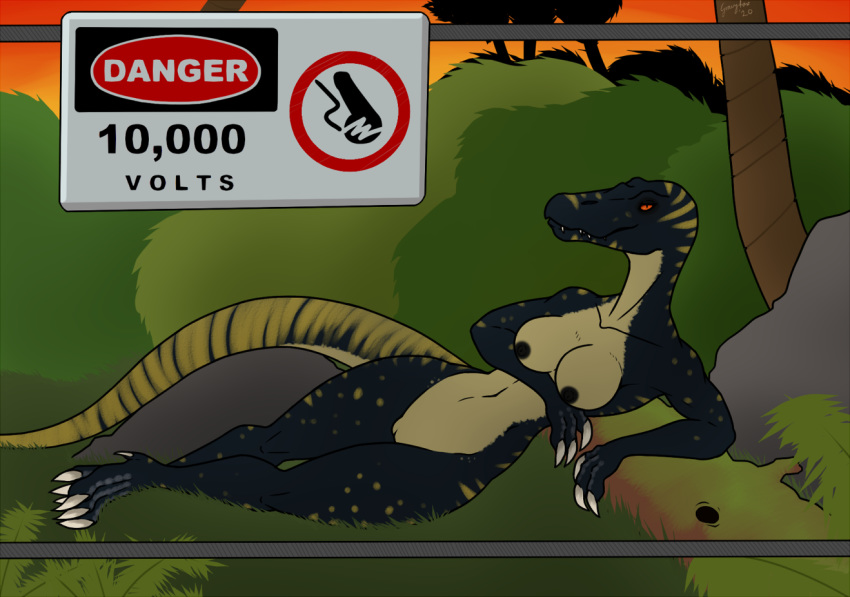 anthro breasts claws dinosaur female genitals gravyfox jurassic_park looking_at_viewer lying lying_on_ground non-mammal_breasts nude on_side outside plant pose pussy reptile rock scalie sign solo solo_focus spinosaurid text theropod tree universal_studios