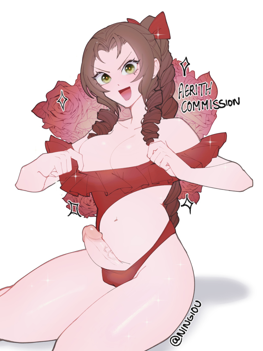 1futa aerith_gainsborough balls_in_panties big_breasts bikini brown_hair erection final_fantasy final_fantasy_vii futa_only futanari hair_ornament human long_hair looking_at_viewer ningiou open_mouth pale_skin sitting solo_futa text thick_thighs undressing