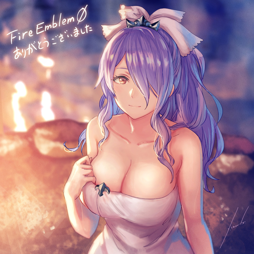 1girls alternate_costume anbe_yoshirou bare_arms bare_shoulders barely_contained big_breasts big_sister blush blushing breasts calm camilla_(fire_emblem) camilla_(hot_springs)_(fire_emblem) cleavage collarbone cute female female_focus female_only fire_emblem fire_emblem_cipher fire_emblem_fates fire_emblem_heroes hair_over_one_eye hair_ribbon highres hot_spring huge_breasts human human_focus human_only large_breasts light-skinned_female light_skin long_hair looking_at_viewer naked_towel nintendo not_porn official_alternate_costume one_eye_covered onsen peaceful purple_eyes purple_hair purple_towel red_eyes relaxed relaxing ribbon romantic romantic_ambiance safe safe_for_work sauna sfw smile smiling smiling_at_viewer solo solo_female solo_focus tiara towel towel_only wavy_hair wholesome y_ambe