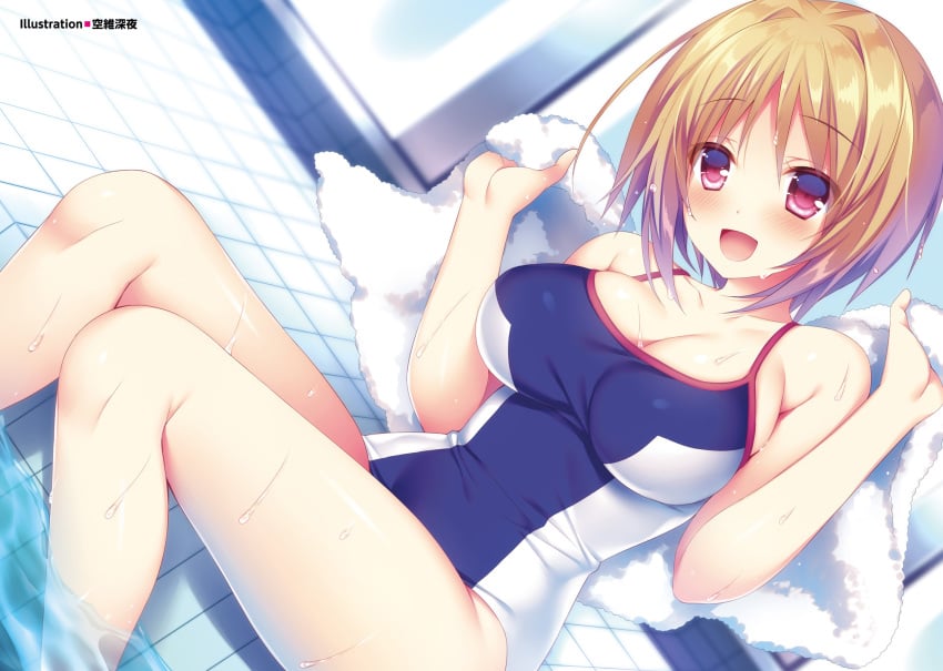 :d bangs blonde_hair blue_swimsuit blurry breasts classroom_of_the_elite cleavage depth_of_field dutch_angle eyebrows_visible_through_hair female hair_intakes hands_up highres holding holding_towel kushida_kikyou large_breasts looking_at_viewer one-piece_swimsuit open_mouth pool purple_eyes school_swimsuit sidelocks sitting smile soaking_feet solo sorai_shin'ya swimsuit thighs towel wet youkoso_jitsuryoku_shijou_shugi_no_kyoushitsu_e