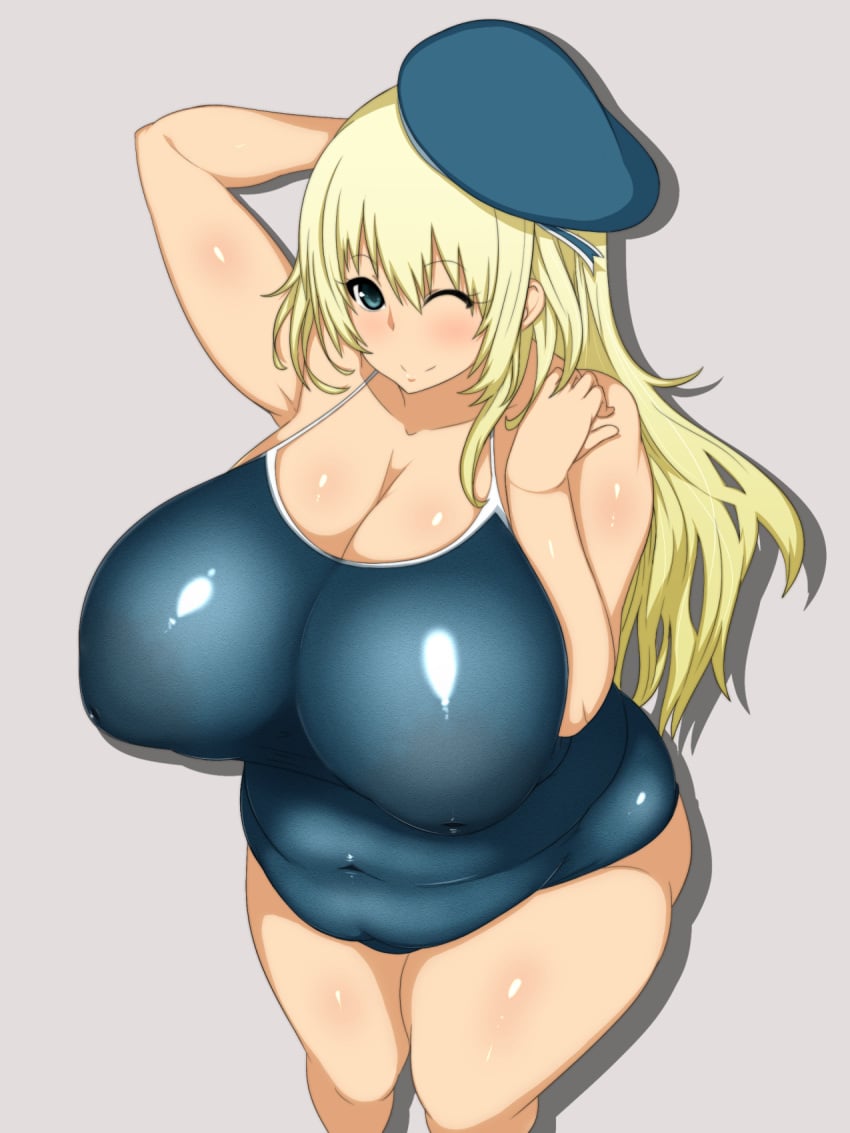 arm_behind_head atago_(kantai_collection) beret blonde_hair blue_eyes blue_swimsuit breasts fat female female_focus hat highres huge_breasts inverted_nipples kantai_collection long_hair nipples plump puffy_nipples school_swimsuit simple_background smile solo standing swimsuit tensai427 wink