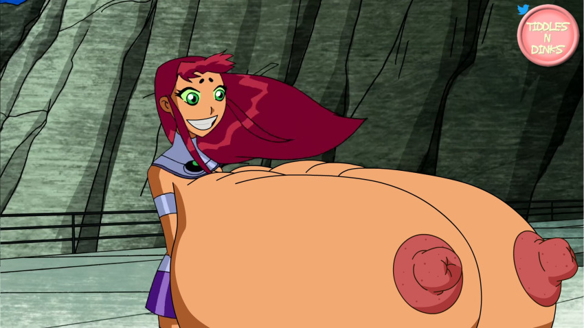 alternate_version_available big_smile breasts breasts_out dc edit fat_folds green_eyes huge_breasts hyper_areola hyper_breasts hyper_nipples outside red_hair screenshot screenshot_edit skirt starfire teen_titans tiddlesndinks wind