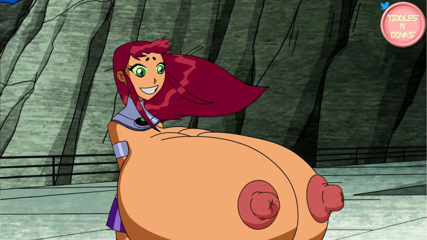 alternate_version_available big_smile breasts breasts_bigger_than_head breasts_bigger_than_torso breasts_out dc edit enormous_breasts fat_folds female green_eyes human hyper hyper_areola hyper_breasts hyper_nipples outside red_hair screenshot screenshot_edit skirt solo starfire teen_titans tiddlesndinks wind