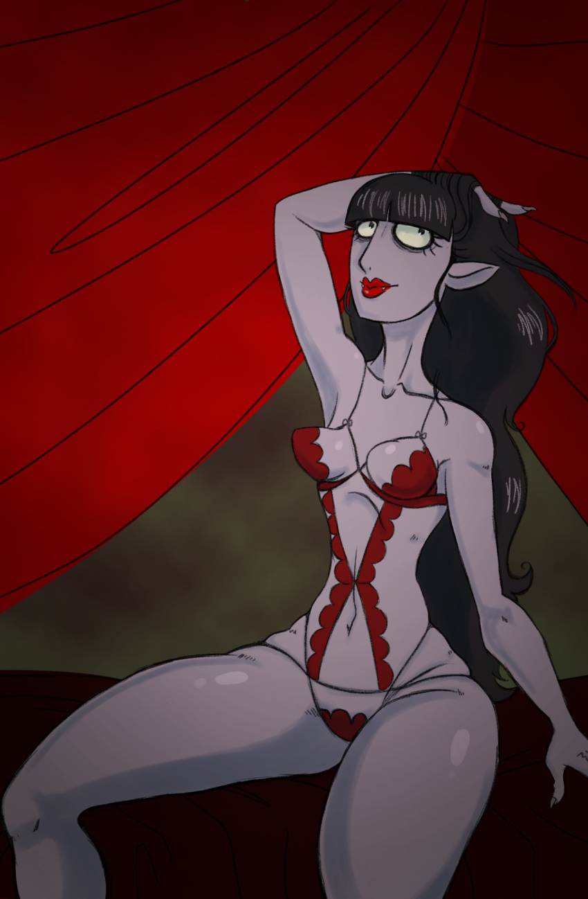 armpits black_hair breasts cleavage countess_ruby eyeshadow fangs kythos lipstick long_hair makeup navel one_arm_up pale_skin red_lipstick scary_godmother_(series) sharp_ears solo_female thick_thighs thin_waist vampire