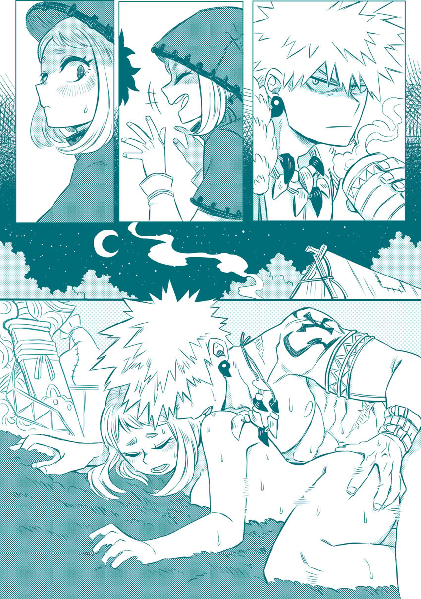 1boy 1boy1girl 1girls abs alternate_universe ambiguous_penetration athletic_male biceps blush body_difference breasts comic doggy_style fantasy_au female_penetrated fit_male fur katsuki_bakugou male_nipples my_hero_academia ochako_uraraka sex straight superevey sweat tattoo