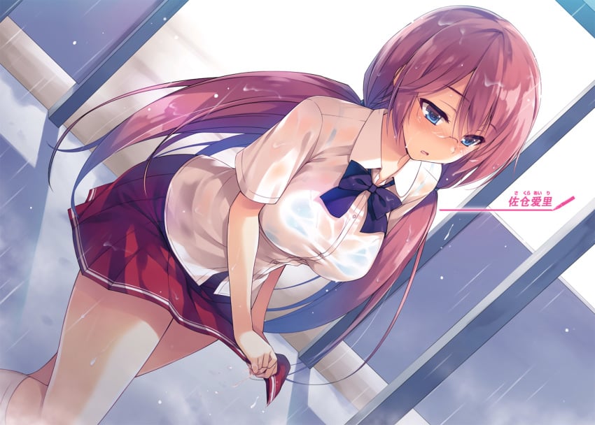 blue_eyes bow bowtie bra bra_through_clothes bra_visible_through_clothes classroom_of_the_elite female glasses highres indoors long_hair open_mouth photoshop photoshop_(medium) pink_hair pleated_skirt rain sakura_airi see-through see-through_clothing short_sleeves skirt solo tomose_shunsaku underwear wet wet_clothes youkoso_jitsuryoku_shijou_shugi_no_kyoushitsu_e