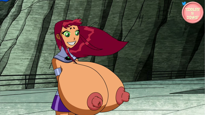 alternate_version_available big_nipples breasts_out dc edit erect_nipples gigantic_nipples green_eyes hyper_breasts outside red_hair screenshot screenshot_edit skirt smiling starfire teen_titans tiddlesndinks wind