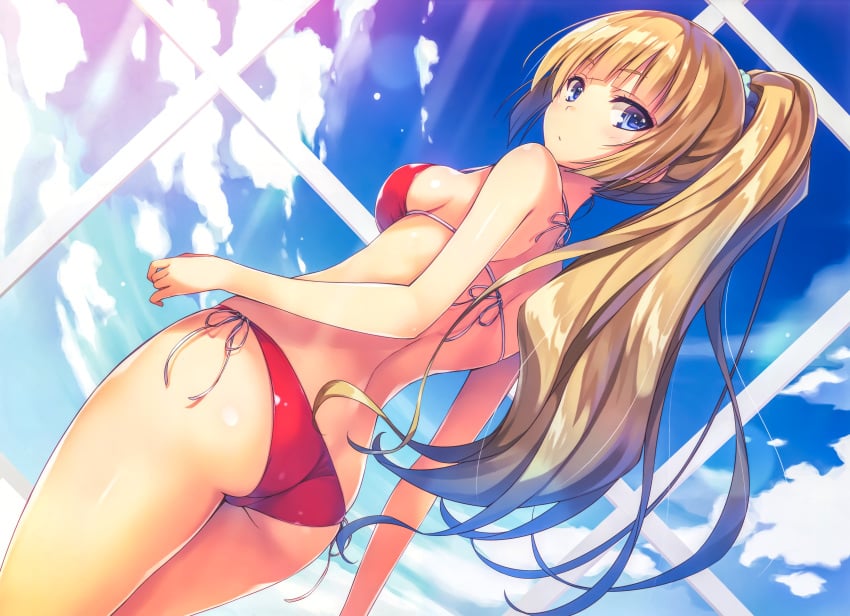 absurdres ass bangs bare_shoulders bikini blue_eyes blue_sky breasts brown_hair classroom_of_the_elite cloud day dutch_angle eyebrows_visible_through_hair female from_behind high_ponytail highres huge_filesize incredibly_absurdres karuizawa_kei long_hair looking_back medium_breasts ponytail red_bikini resized scan shoulders side-tie_bikini sideboob sky solo strap_gap sunlight swimsuit tomose_shunsaku upscaled youkoso_jitsuryoku_shijou_shugi_no_kyoushitsu_e