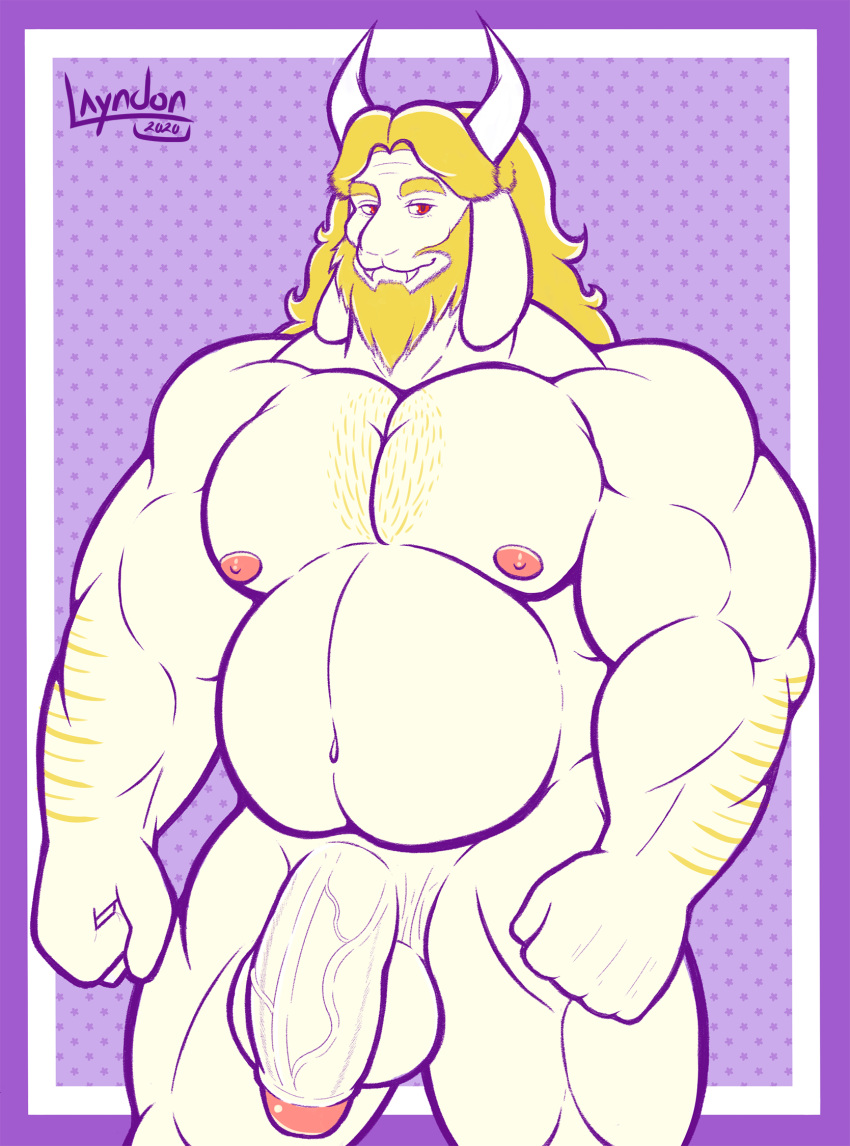 1boy 2020 anthro asgore_dreemurr balls bara beard big_balls blonde_hair boss_monster bovid caprine facial_hair fangs foreskin fur genitals goat hair hi_res horn humanoid_genitalia layndon male male_only mammal musclegut muscular muscular_anthro nipples pecs penis pink_nipples purple_background red_eyes simple_background slightly_chubby solo solo_male uncut undertale vein veiny_penis video_games white_body white_fur