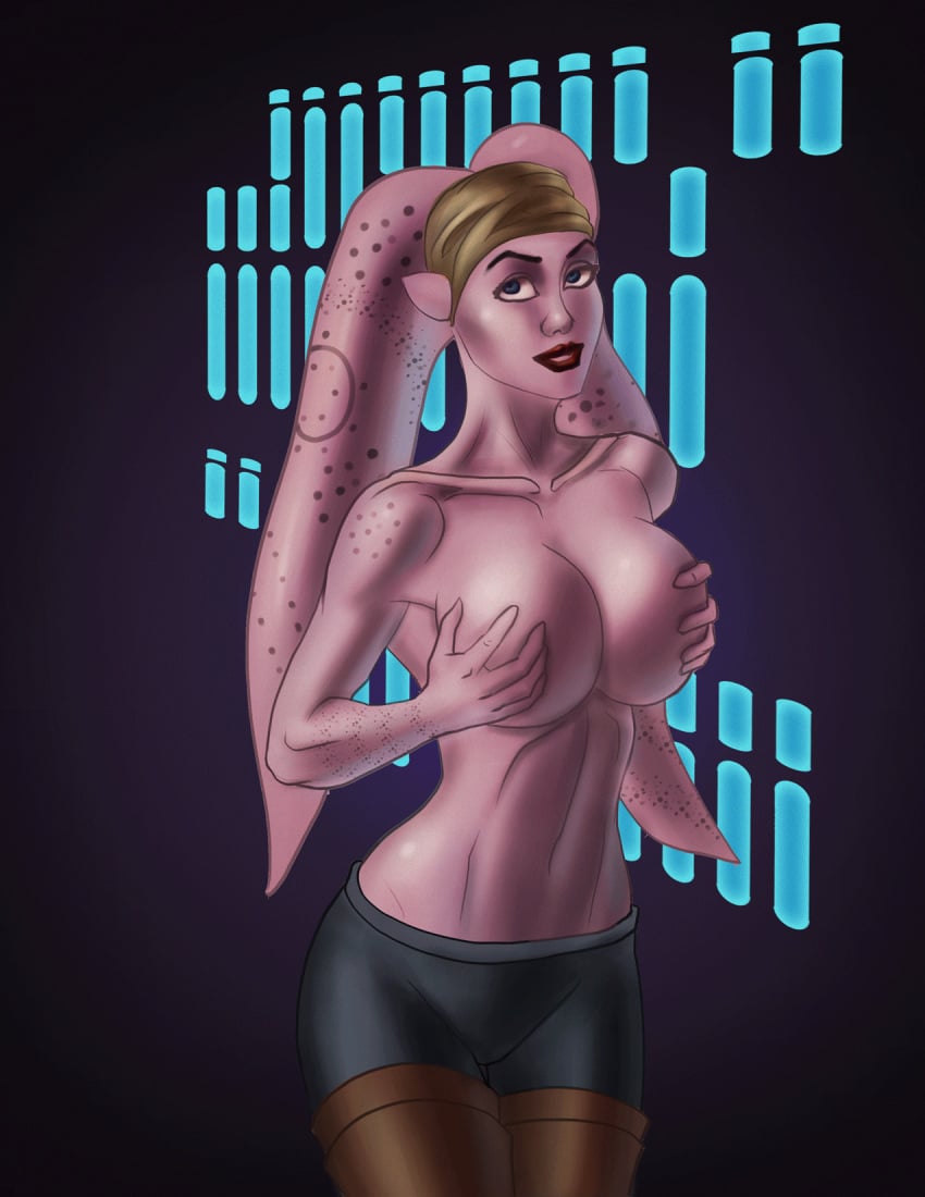 1girls abstract_background alien_girl arm_tattoo background big_breasts black_clothing blue_eyes boots breast_grab brown_clothing clone_wars collarbone covered_nipples covering_breasts covering_nipples eyebrows eyes fit_female footwear groping headband headgear holding_breast huge_breasts large_breasts lefthandblack leggings lips lipstick looking_away looking_up midriff milf nudity open_eyes pants partially_clothed purple_skin red_lipstick simple_background slim_waist spots standing star_wars star_wars:_the_clone_wars suu_lawquane tattoo tentacle tentacle_hair the_clone_wars:_season_two thigh_boots thin_waist topless topless_female twi'lek