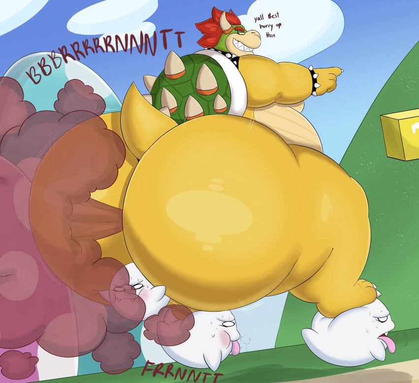 4boys ass belly big_ass big_butt boo_(mario) bowser fart fart_fetish farting fat fat_ass gassy gay ghost grin grinning horns hyper hyper_ass hyper_butt hyper_fart hyper_farting koopa lifting lifting_person looking_down male male/male male_only mario_(series) megacoolbear_(artist) nintendo red_hair scales shell smile solo_focus spiked_bracelet spiked_collar spikes super_mario_bros. tail yellow_scales