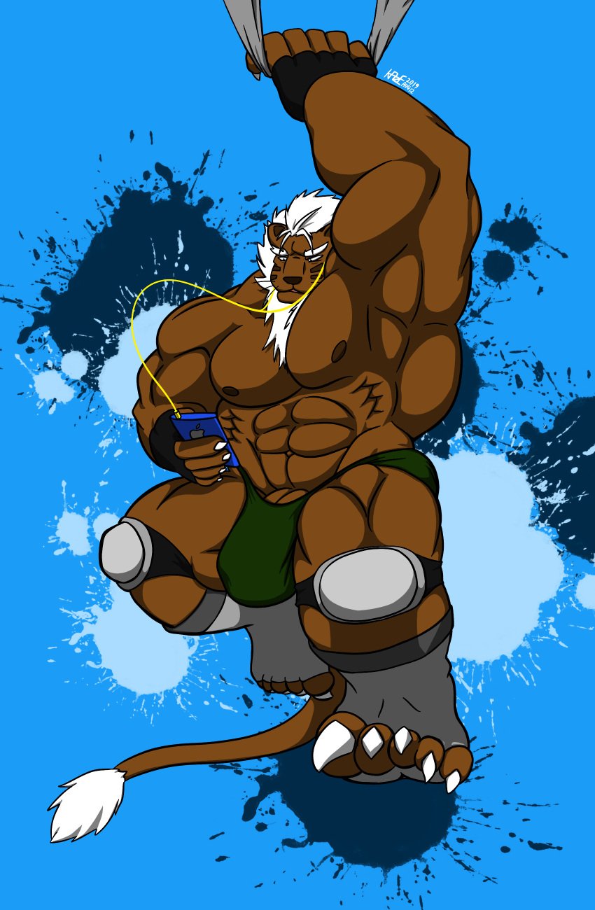 absurd_res anthro big_muscles brown_body brown_fur bulge clothing exercise felid fur green_clothing green_underwear hair hi_res huge_muscles ipod kaze3481_(artist) lion male male_only mammal muscular muscular_anthro muscular_male nipples pantherine protective_gear solo tail_tuft thong tuft underwear white_hair