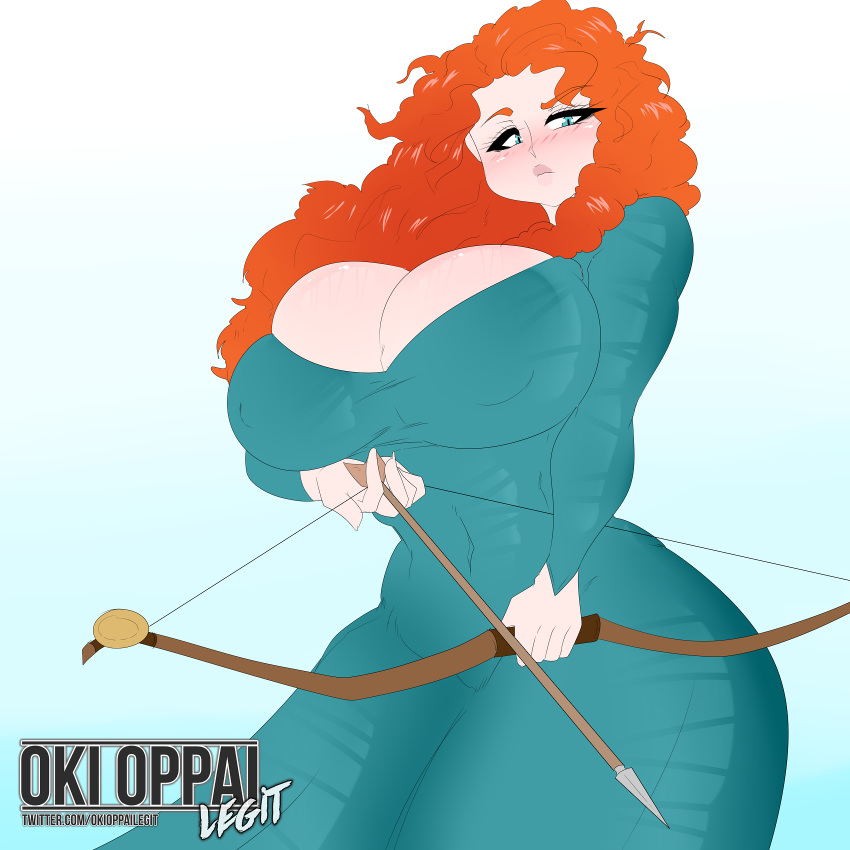 1girls alternate_breast_size artist_name blue_dress blush blushing bow_(weapon) brave breasts busty cleavage cleavage_overflow clothed clothed_female curly_hair curvy disney disney_princess dress favorite female female_only female_protagonist female_solo ginger_hair hips holding holding_weapon hourglass_figure huge_breasts merida okioppai orange_hair overboob pixar princess red_hair red_head redhead solo solo_female straight_hair thick_thighs thighs tight_clothing tight_dress top_heavy voluptuous weapon white_background wide_hips