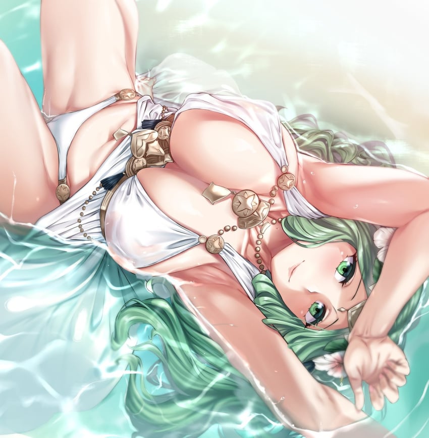 1girls alternate_costume armpits beach belly bikini bikini_top breasts cleavage eyebrows_visible_through_hair eyelashes female fire_emblem fire_emblem:_three_houses fire_emblem_heroes flower green_eyes green_hair hair_flower hair_ornament huge_breasts jewelry large_breasts lips long_hair looking_at_viewer lying moisture_(chichi) navel nintendo ocean official_alternate_costume on_back partially_submerged rhea_(fire_emblem) rhea_(summer)_(fire_emblem) smile solo swimsuit thighs water wet white_bikini