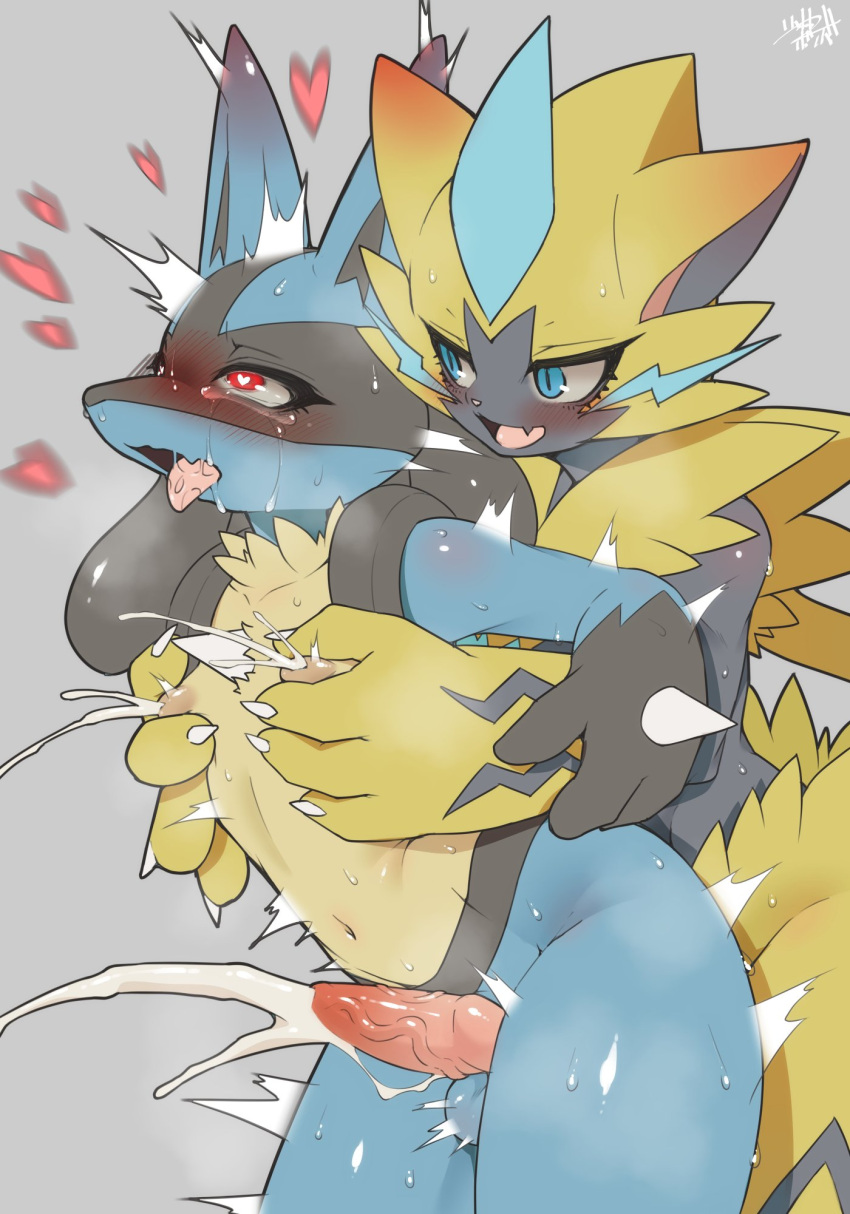 <3_eyes anal anal_sex anthro balls biped black_body blue_body blue_eyes bodily_fluids cum duo fur gay gay_sex genital_fluids genitals heart heart-shaped_pupils hi_res legendary_pokemon lucario male male/male nintendo nipple_fetish nipple_pinch nipple_play penetration pinch pokemon pokemon_(species) red_eyes sex shaolin_bones tan_body tan_fur yellow_body yellow_fur zeraora