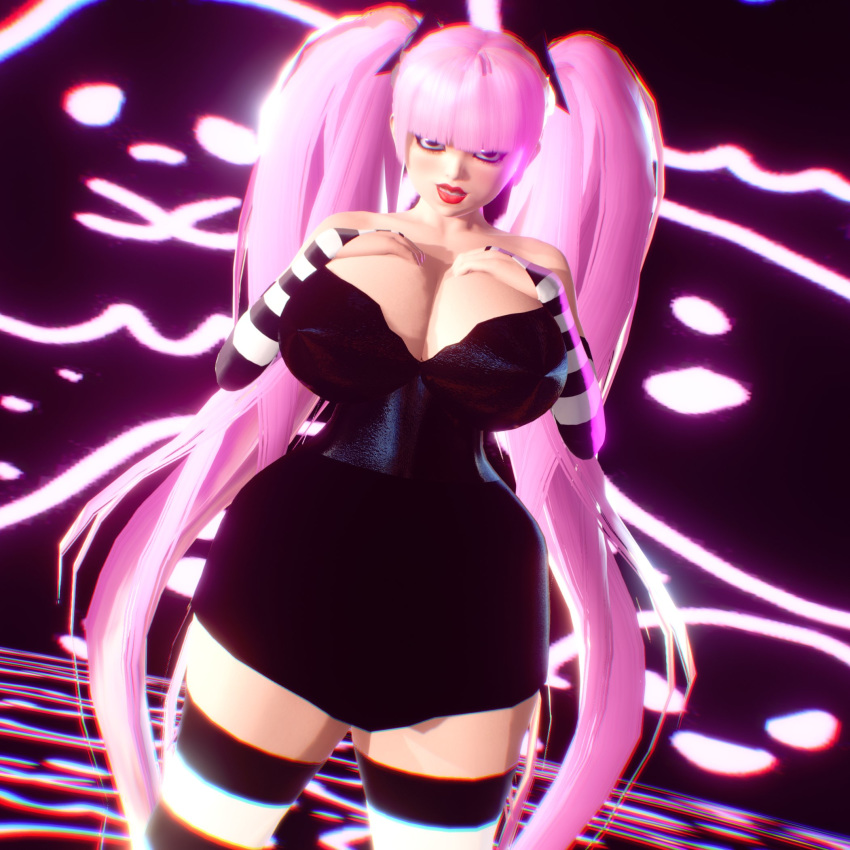 1girls 3d big_breasts black_dress female female_focus female_only hand_on_breasts honey_select large_breasts lips long_hair one_piece perona pink_hair prevence red_lips reference_work solo_female striped_gloves striped_legwear thick_thighs thighs twintails very_long_hair