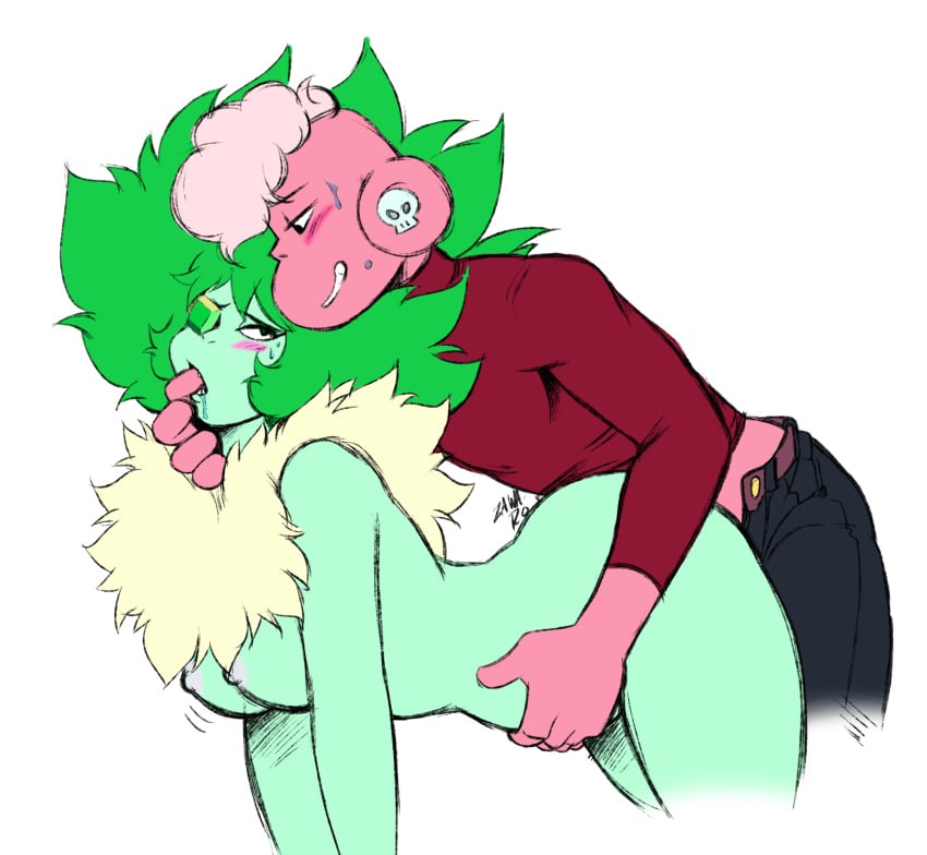 alien alien_girl alien_humanoid blushing breasts cartoon_network clothed_male clothed_male_nude_female doggy_style emerald_(steven_universe) eye_patch female finger_in_mouth from_behind gem_(species) green_skin hand_on_belly human_on_gem hybrid interspecies lars_barriga looking_at_another male mane_hair nipples nude_female off_colors_(steven_universe) pink_hair pink_skin steven_universe stomach_bulge tagme zawa-ro