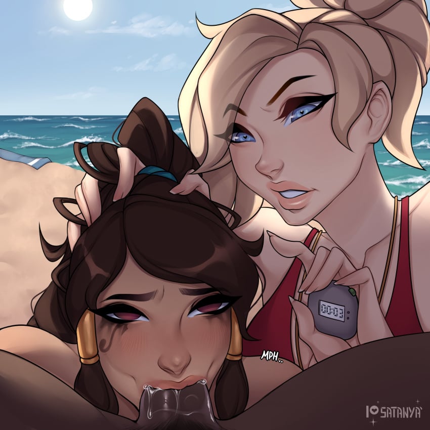 1boy 2girls angela_ziegler asphyxiation assisted_fellatio balls_deep bangs beach big_penis blizzard_entertainment blonde_hair blue_eyes blush brown_hair dark-skinned_male dark_skin deepthroat empty_eyes female hand_on_head heart-shaped_pupils interracial lifeguard lifeguard_mercy lifeguard_pharah male mercy ocean overwatch penis pharah ponytail runny_makeup satanya stopwatch tagme threesome watch