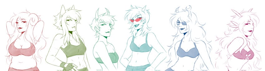 6girls aradia_megido bra breasts ear_piercing eye_patch fangs feferi_peixes fins glasses homestuck horns kanaya_maryam long_hair ms_paint_adventures nepeta_leijon open_mouth panties playbunny sharp_teeth short_hair sports_bra terezi_pyrope troll vriska_serket white_background white_hair white_skin